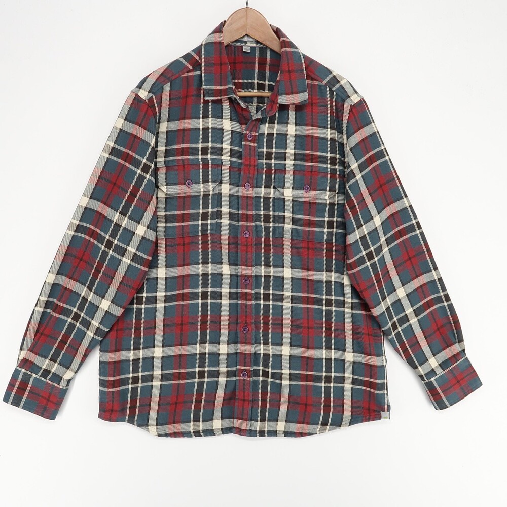 hornytoad Shirt Mens Large Green Red Plaid Flannel Long Sleeve Pockets Button Up